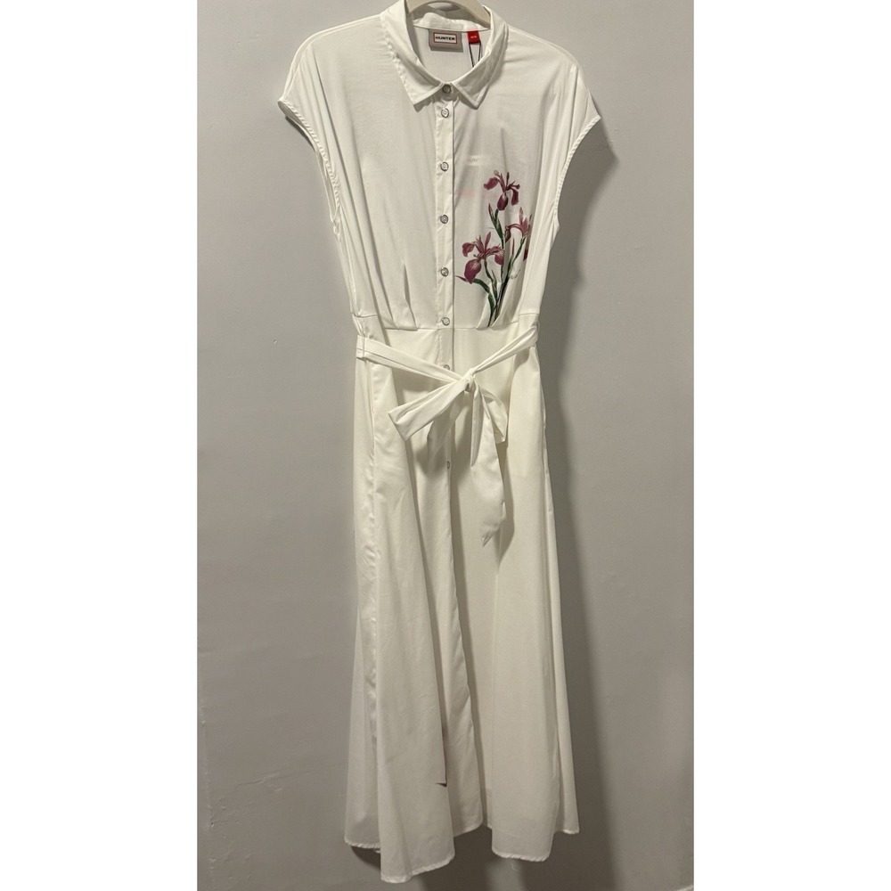 NWT Hunter Floral Faux Embroidery Midi Shirt Dress Button Front Pockets Belt M - Picture 3 of 16